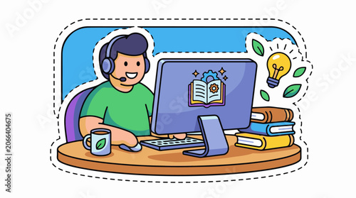 A man wearing a headset sits at a computer with books and a mug