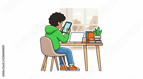 A person in a green hoodie sits at a desk with a laptop and books, using a tablet