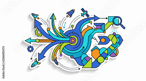 A vibrant, abstract illustration of swirling arrows and shapes