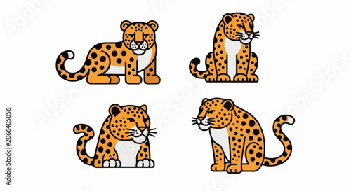 Four orange and black cartoon leopards with white chests