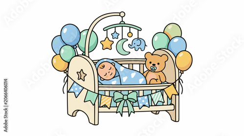 A baby sleeps peacefully in a crib with a teddy bear and colorful decorations