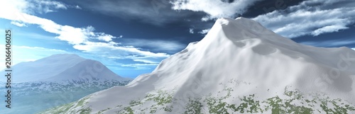 Snowy peak, mountain landscape panorama, sunset in the mountains, mountains and snow, sky and mountains, 3D rendering