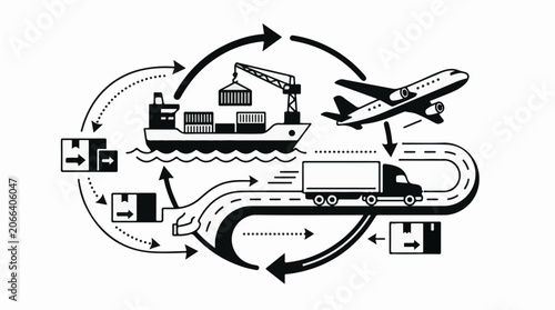 A black and white illustration of a cargo shipping process with various modes of transportation