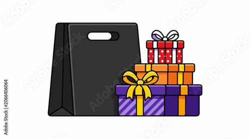 A black paper bag next to a stack of colorful gifts