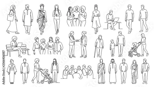 Premium Multicultural Human Figures Vector Collection – Diverse Ethnicity Continuous Line Art Illustration Pack SVG
