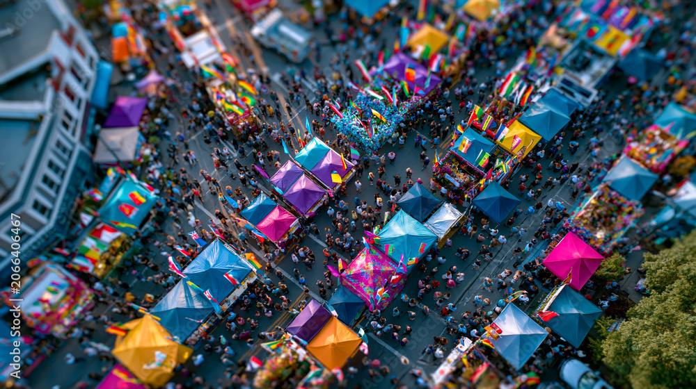 Fototapeta premium Golden hour aerial drone view of vibrant multicultural street fair with colorful booths, international flags and lively crowds below