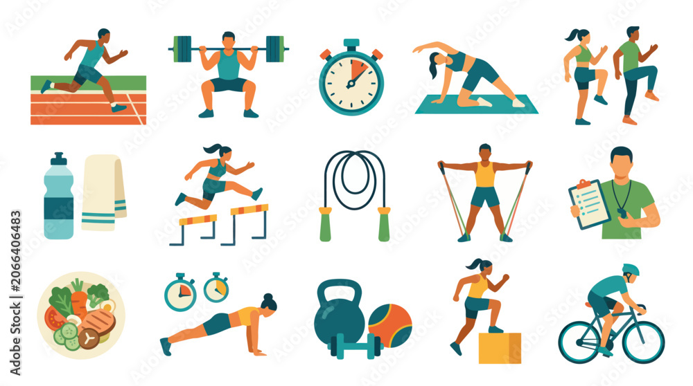 Fototapeta premium Fitness Sport Health Flat Vector Icons Set: Exercising People, Workout Equipment Healthy Lifestyle Symbols