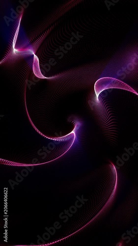 Elegant loop of glowing pink and purple particle waves twisting into a sleek dark background spiral vortex.