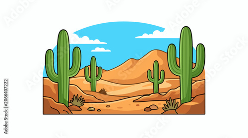 A cartoon desert landscape with cacti and mountains (1)