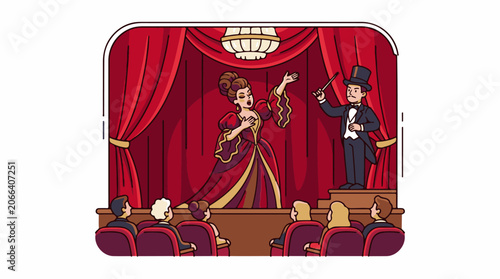 A cartoon illustration of a magician and a woman in a red dress on a stage