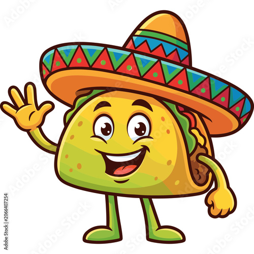 A colorful cartoon taco wearing a sombrero hat smiles and waving at Business  people