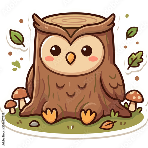 A cartoon owl sitting on a tree stump with mushrooms and leaves
