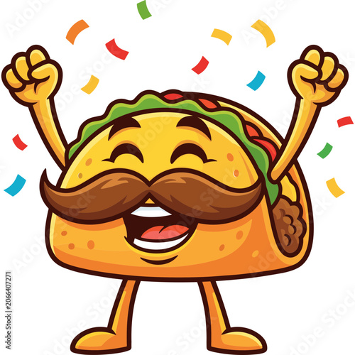 A cheerful taco character celebrates with raised arms and confetti.