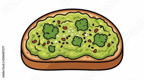 A cartoon illustration of a slice of bread topped with guacamole, herbs, and spices