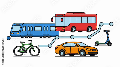 A cartoon illustration of various vehicles connected by lines