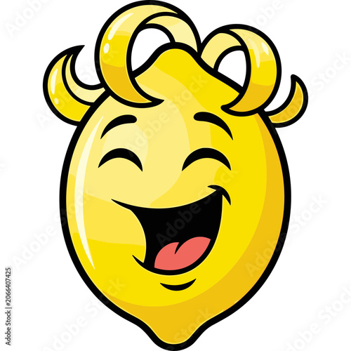 Smiling yellow emoticon face with curly hair on a white background