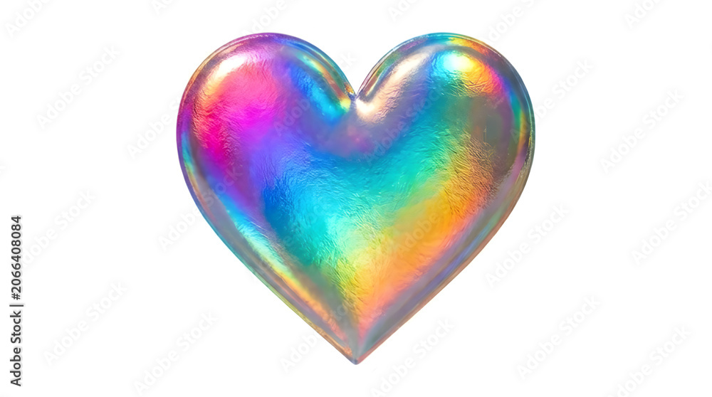 Fototapeta premium Vibrant multicolor holographic heart shape with reflective metallic shine and smooth edges.