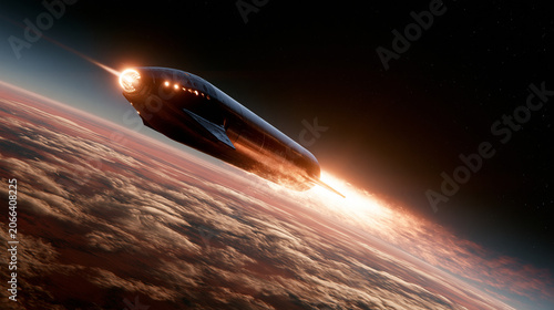 Starship entering Mars atmosphere with glowing heat shield plasma trail over red Martian surface in deep black space dramatic sci fi scene