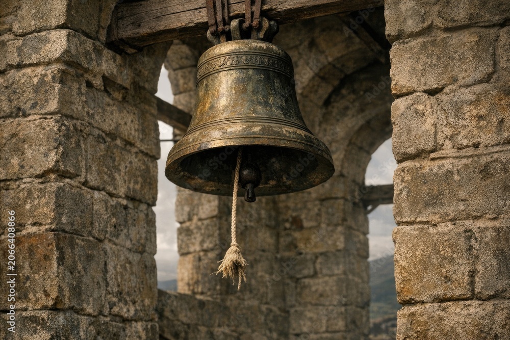 Fototapeta premium A traditional bell hangs from the side of a stone building, great for historic or cultural scene uses