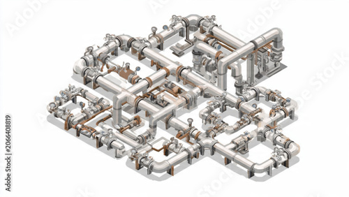 Isometric view of industrial plumbing system with pipes valves and fittings in metallic colors
