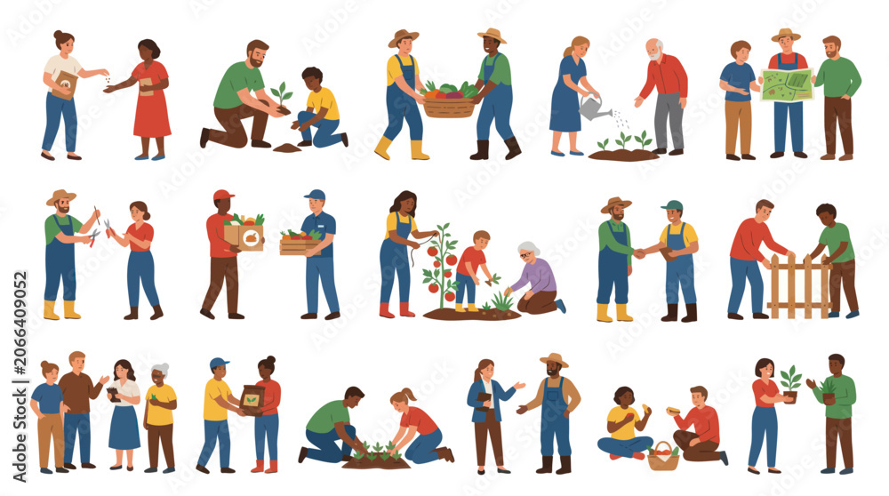 Fototapeta premium Flat Vector Illustration Set of People Gardening, Farming, and Sustainable Agriculture Activities