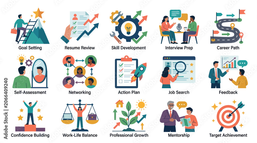 Fototapeta premium Flat illustration of career development and professional growth icons set, covering HR, job search, and work-life balance concepts.