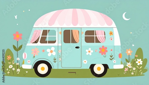 Pastel blue retro camper van in field.