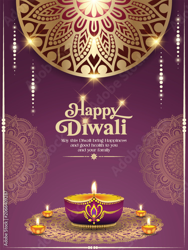 Happy Diwali template with Diya, mandala art, elegant luxurious banner, can be used in festival invitation, social media post, promotion, marketing, greetings, sales banner, Indian festival of light