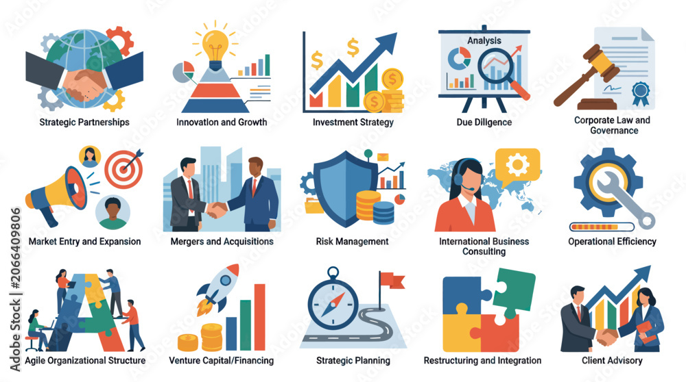 Fototapeta premium Business and Finance Flat Vector Icons: Strategy, Growth, Consulting, Law