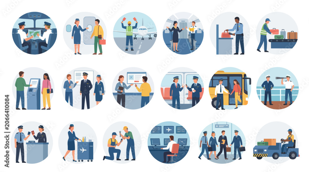 Fototapeta premium Airport and Aviation Industry Icons: Diverse Scenes of Travel, Security, and Personnel