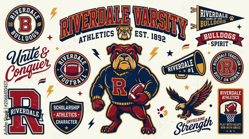 Vintage college sports emblems and bulldog mascot vector illustrations set