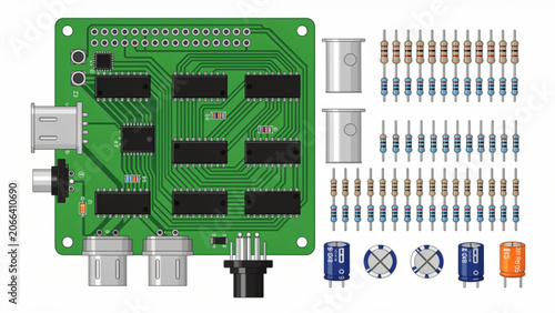Close-up of electronic circuit board with various components and connectors on green background
