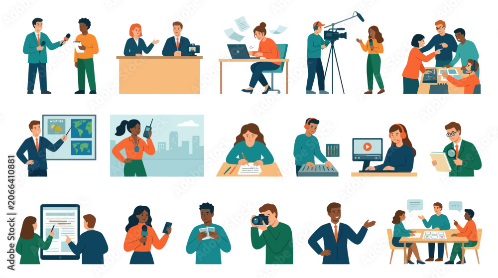 Fototapeta premium Diverse Media Professionals Working in Studio and Outdoors - Flat Style Illustration