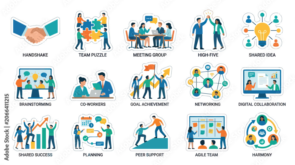 Naklejka premium Flat Design Business Teamwork and Collaboration Icon Set - Corporate Meeting, Success, and Networking Concepts