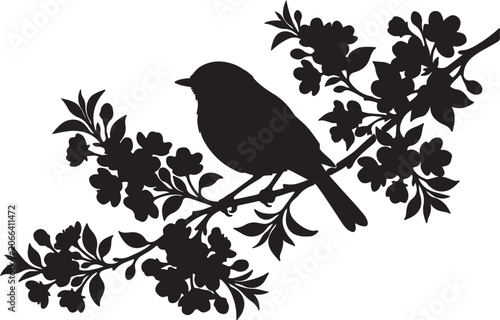 Small bird perched on a blossoming cherry branch silhouette with silhouette wildlife illustration monochrome botanical minimalist