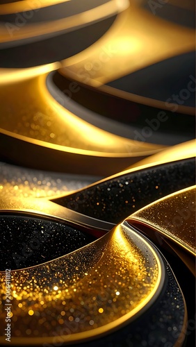 A golden abstract design with black and gold swirling shapes