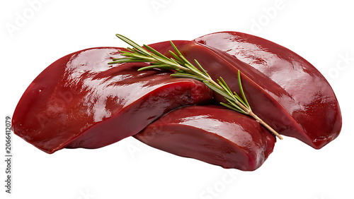 Fresh raw beef liver slices with rosemary garnish glossy red meat organ food ingredient culinary protein nutrition isolated on a transparent background