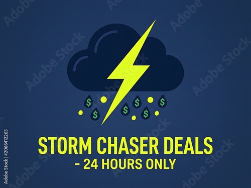 Storm chaser deals 24 hours only promotional graphic featuring a dark blue cloud with a yellow lightning bolt and falling dollar sign rain drops