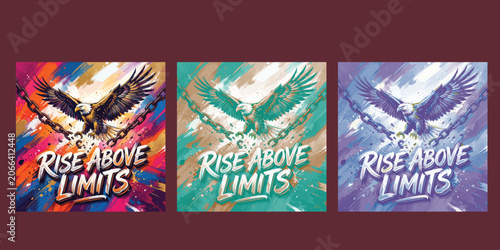 Εκτύπωση καμβά Rise above limits motivational typography vector bundle, flying eagle breaking iron chains vector illustration, majestic bird artwork for t-shirt print