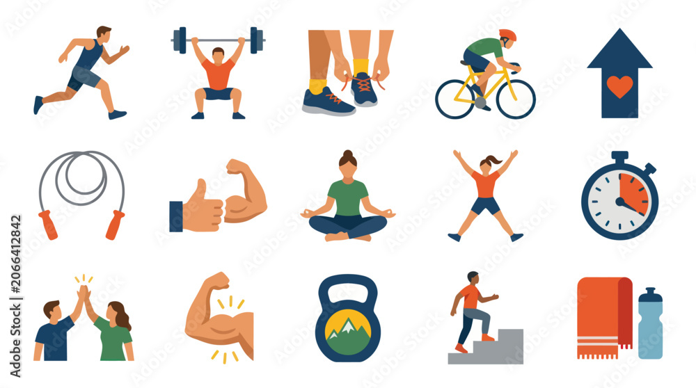 Fototapeta premium Flat Design Fitness and Health Icons Set. Modern Vector Collection of Sport, Exercise, and Wellness Symbols