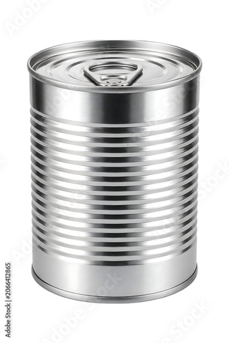 Silver metal tin can with pull tab ribbed surface preserved food container packaging realistic storage pantry design isolated on a transparent background