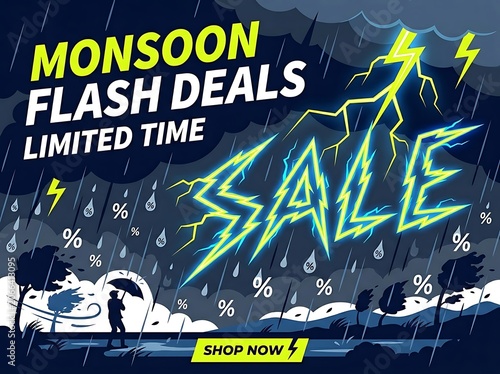 Monsoon flash deals sale illustration with lightning and rain