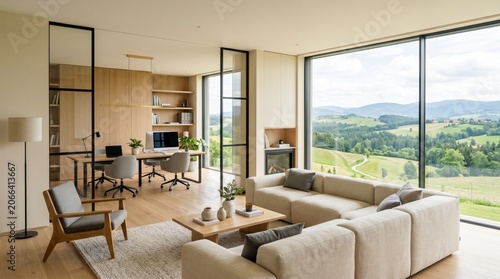 Modern minimalist home office and living room with panoramic mountain view