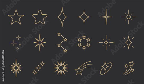Schilderij op canvas Gold outline star and sparkle icon set illustration with twinkle symbols, magic