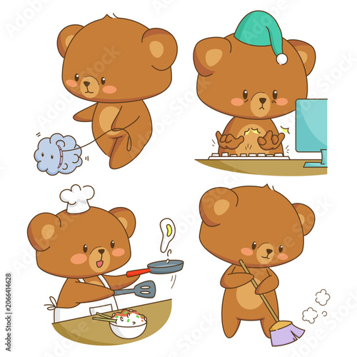 Cute teddy bear walking with pets, working late, cooking for breakfast, sweeping flor kawaii illustration