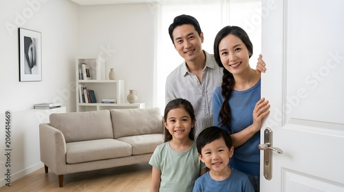 A happy Asian family with two children smiling and peeking from behind an open white door in their bright modern living room, looking directly at the camera with cheerful expressions.