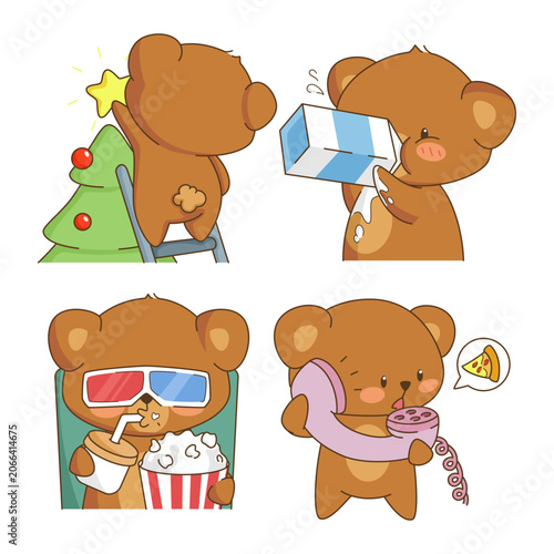 Cute bear dringking milk, put up a christmas star, watching movie, ordering pizza kawaii illustration set design