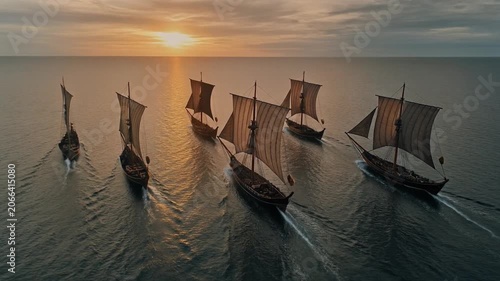 Powerful fleet of a viking ship sailing across calm ocean at sunset