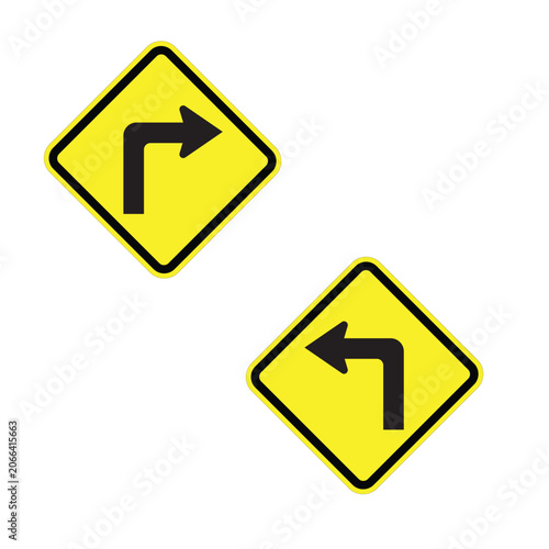 Right Turn and Left Turn Warning Road Signs Set W1-1R W1-1L Yellow Diamond Traffic Symbols