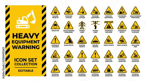 Fotografie Construction safety signs and heavy equipment warning icons